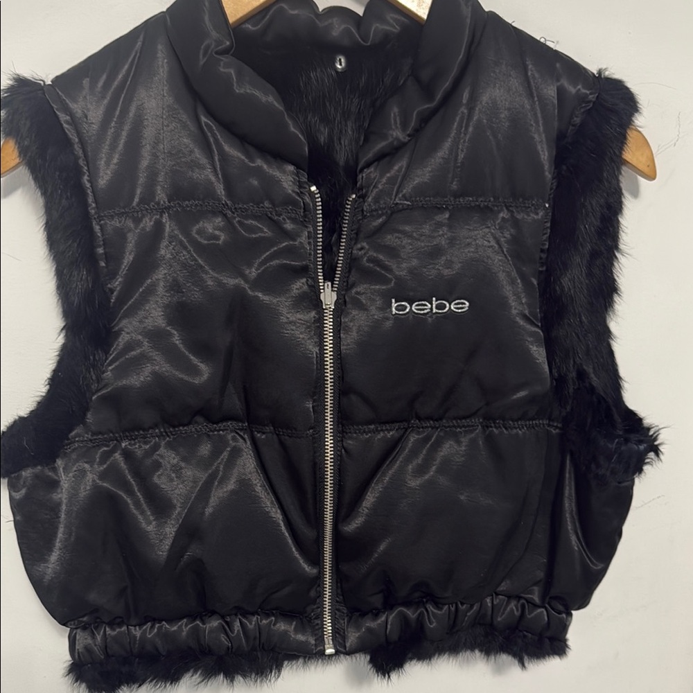Bebe Black Rabbit Fur Puffer Vest